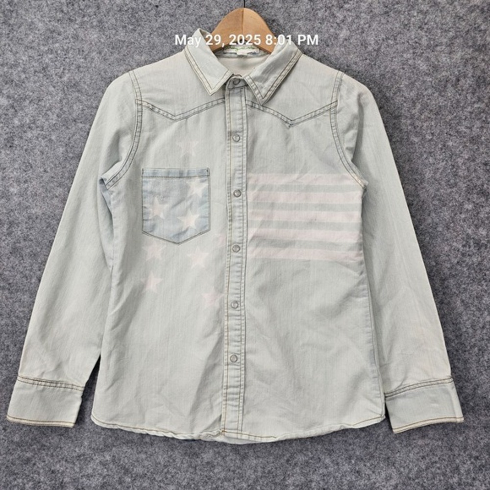 Western Snap Shirt Womens XS Light Blue Snap Denim Star Stripe Y2K STARING STARS